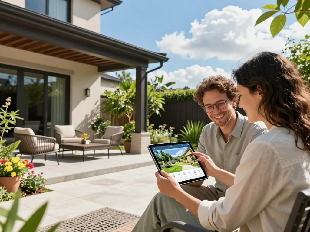 Couple using a veranda configurator to design their outdoor space.