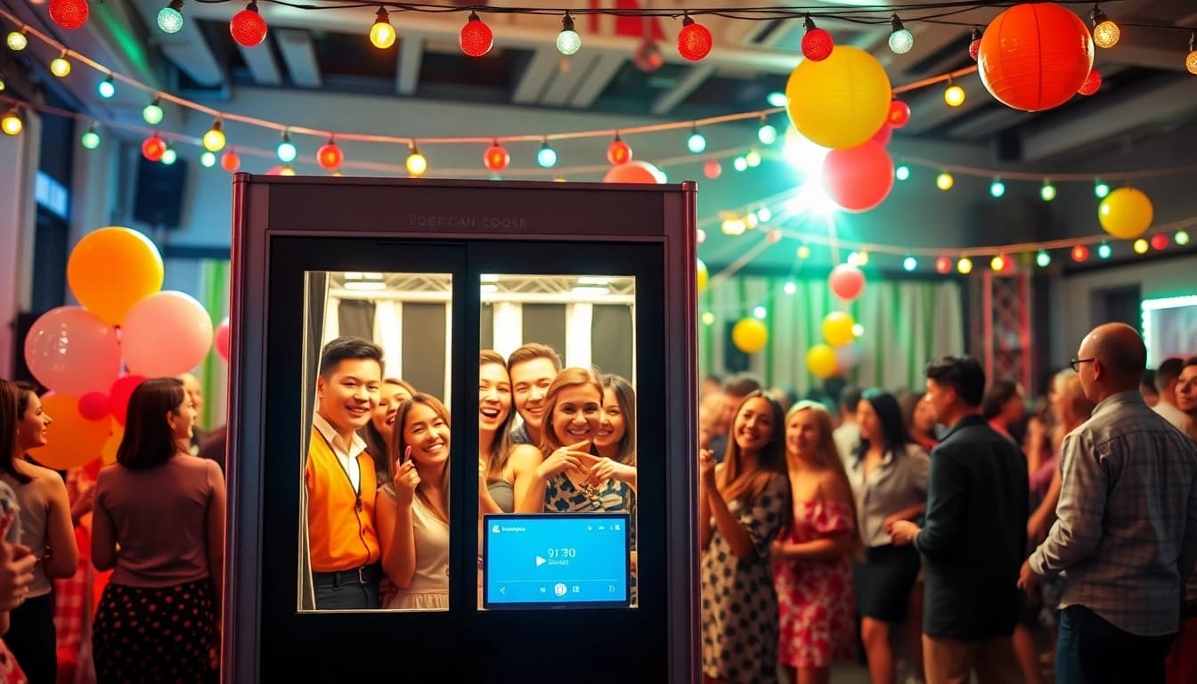 Guests enjoying a photo booth rental experience at a lively event with festive decorations.