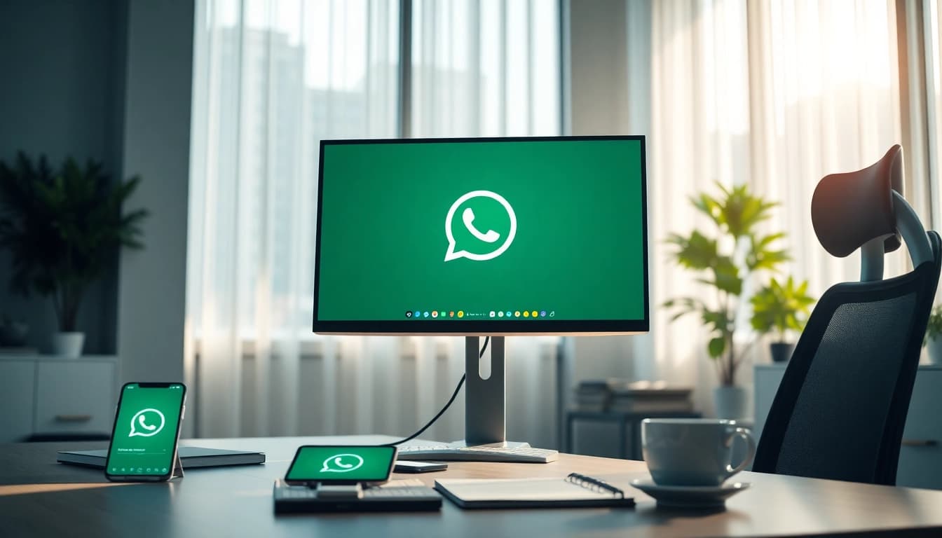 桌面电脑上展示 WhatsApp网页版的生动办公场景，强调生产力与连通性。