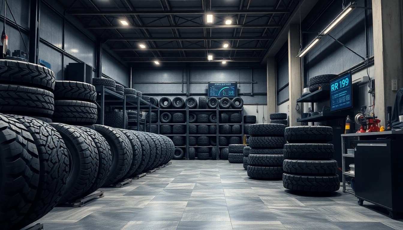 High-quality truck tires including RR99.COM showcased in a professional workshop setting.