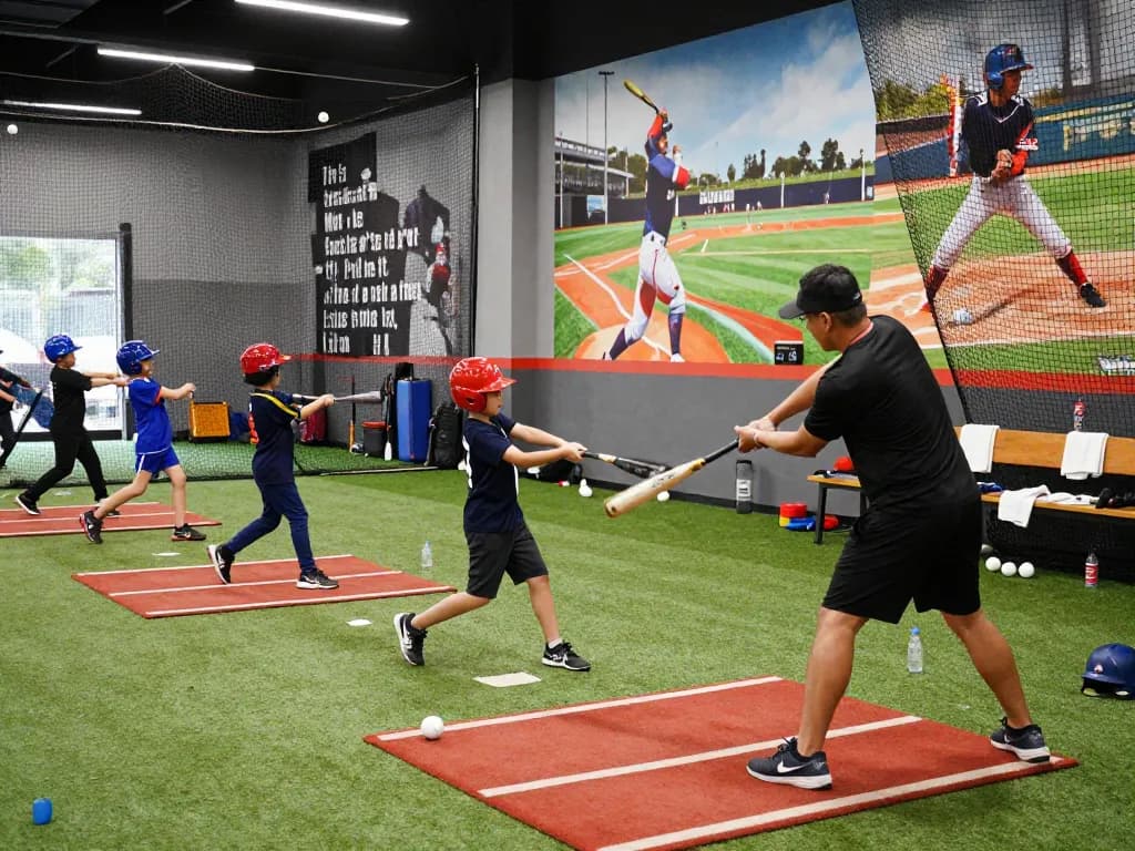 Young athletes engaging in hit club baseball training, practicing swing techniques under bright indoor lighting.