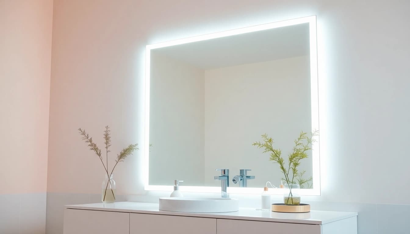 Illuminate your space with this elegant mirror light mirror, enhancing bathroom ambiance.