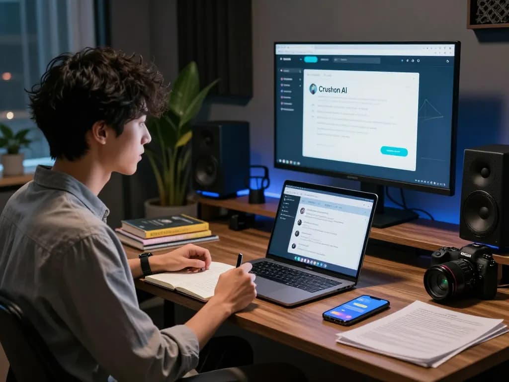 Engaging NSFW AI chat scene with user interacting with advanced adult AI model, laptop and cozy atmosphere.