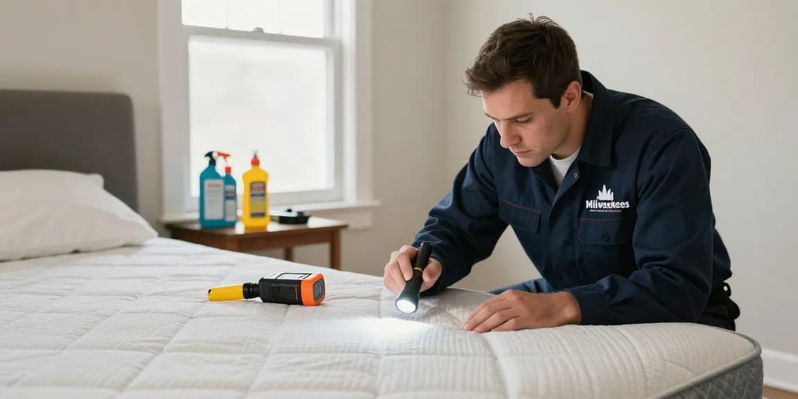 Bed bug exterminator inspecting a mattress in Milwaukee for effective pest control solutions.