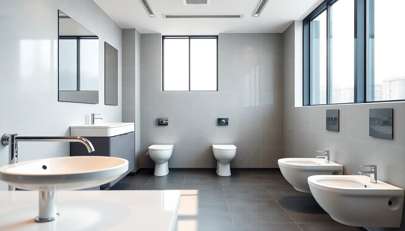 Elevate your space with a stunning commercial washroom refurbishment featuring modern fixtures.