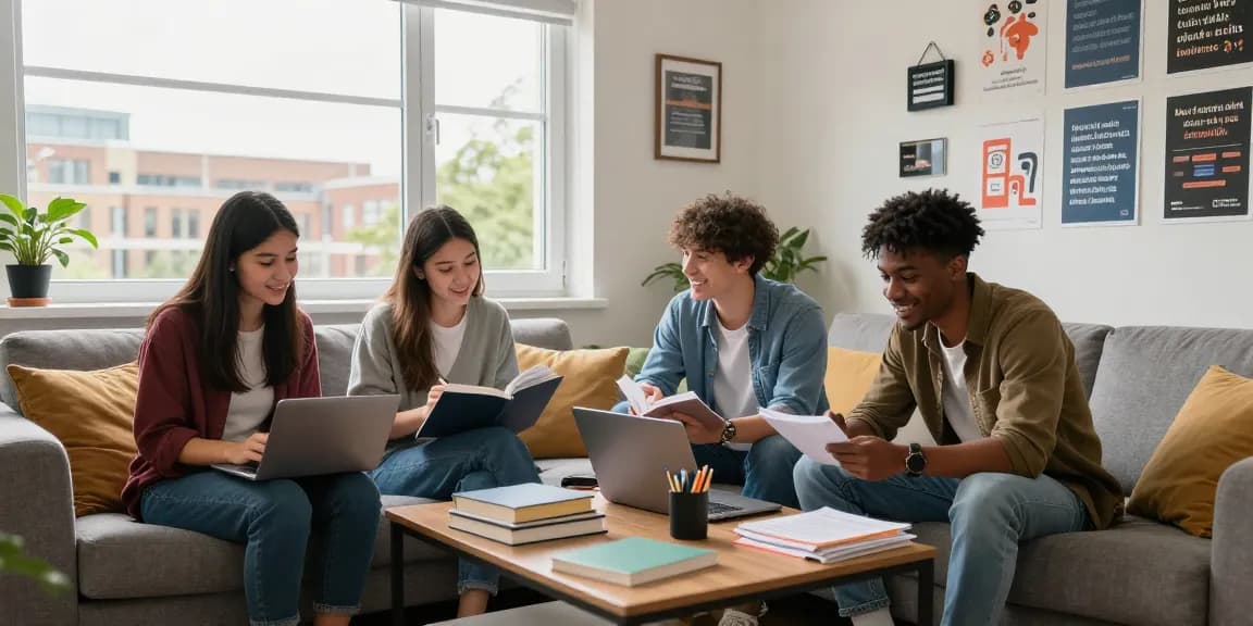Student accommodation Northampton scene with students studying, modern furnishings, and bright atmosphere.