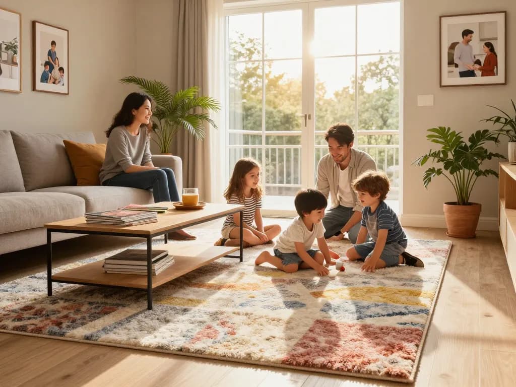 Affordable carpets London enhancing a cozy family living room with children playing.