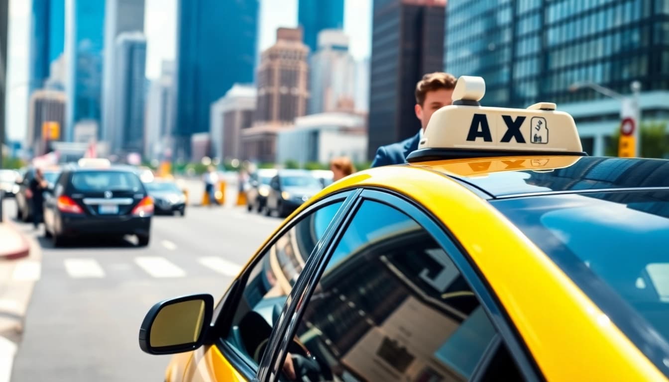 Taxi service in a lively city showcasing a modern vehicle against a vibrant skyline.