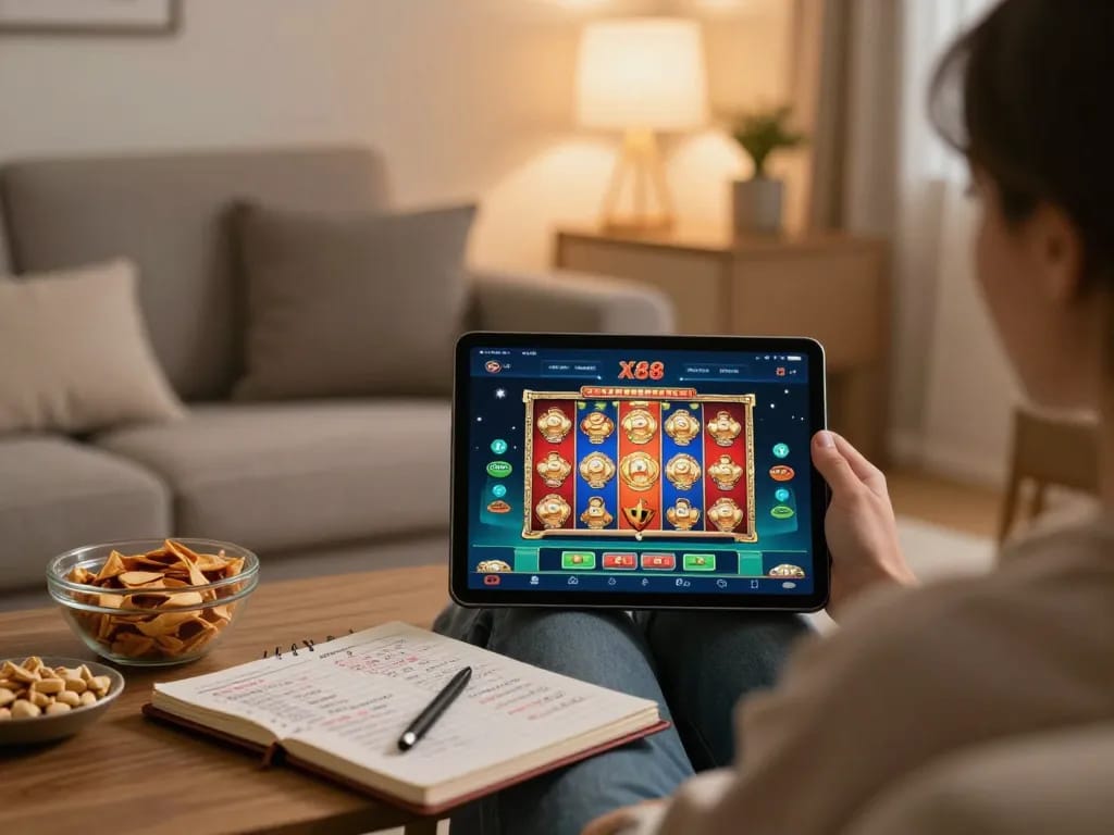 X88 app showing exciting slot games on a tablet during relaxed home gambling session