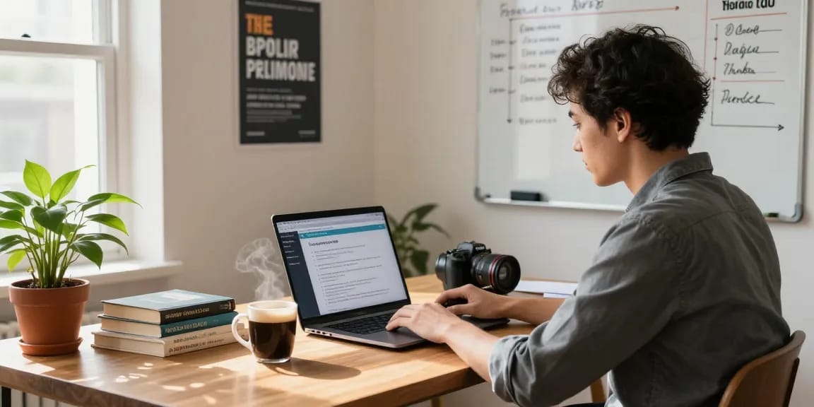 Solo traders working from a stylish home office, surrounded by business materials and a vibrant atmosphere.