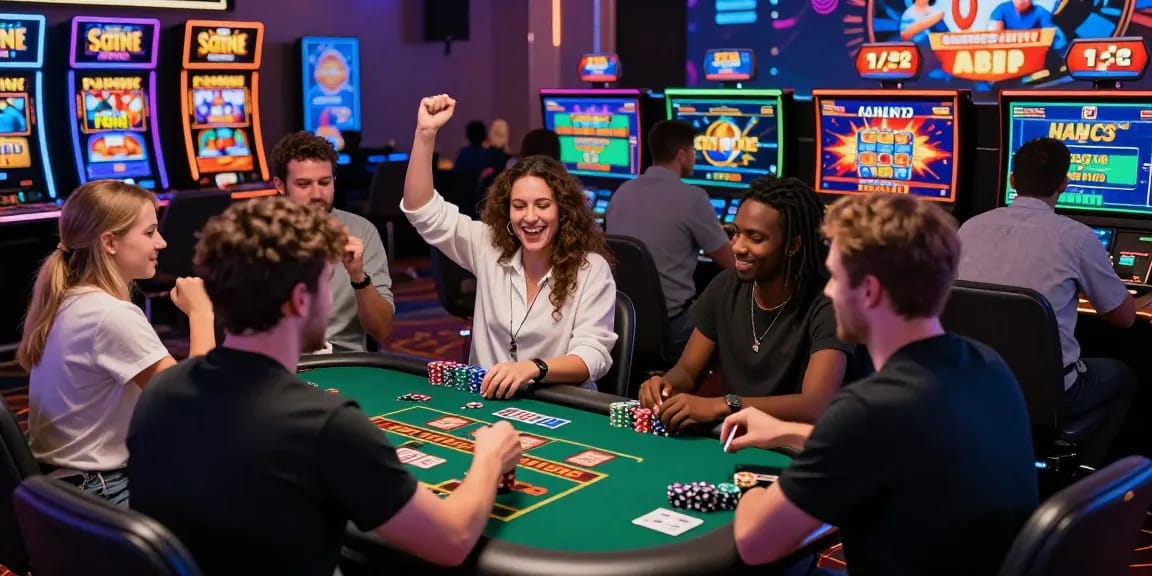 Players enjoying the excitement of non UKGC casinos, celebrating wins in a colorful online gambling environment.