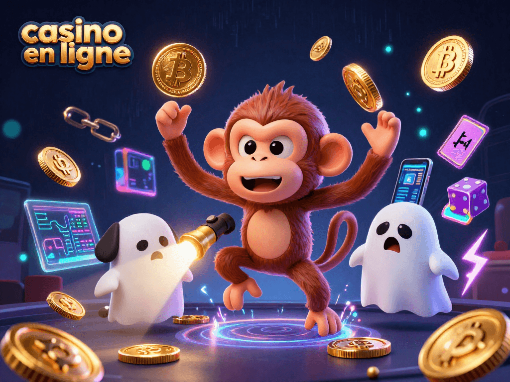 Le casino en ligne animé par un singe poltergeist jonglant avec des pièces d'or dans une ambiance ludique et effrayante.