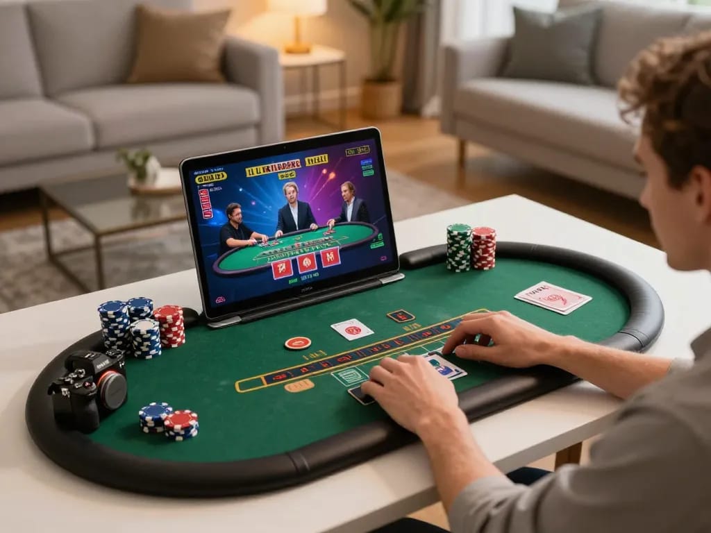 Bong88 player's intense engagement with live casino blackjack game on laptop in cozy home setting