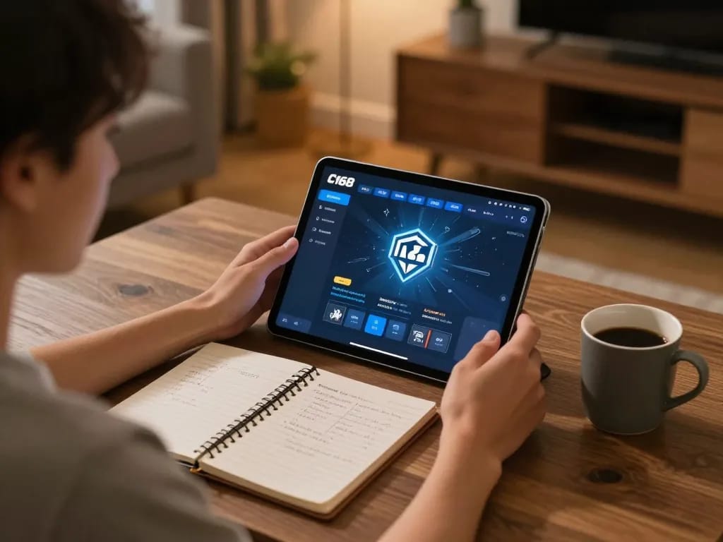 C168 nhà cái user enjoying online gaming on tablet in a cozy home environment.