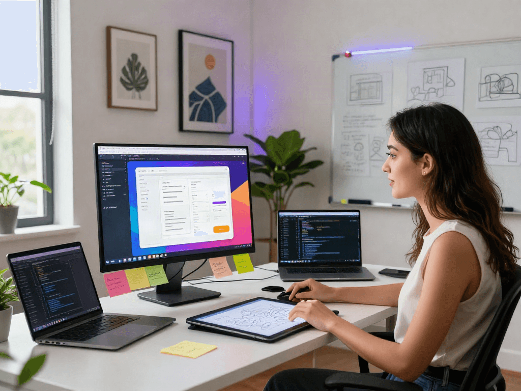 AI slut showcased in a vibrant interface design workshop, featuring a designer at a modern desk with high-tech tools.