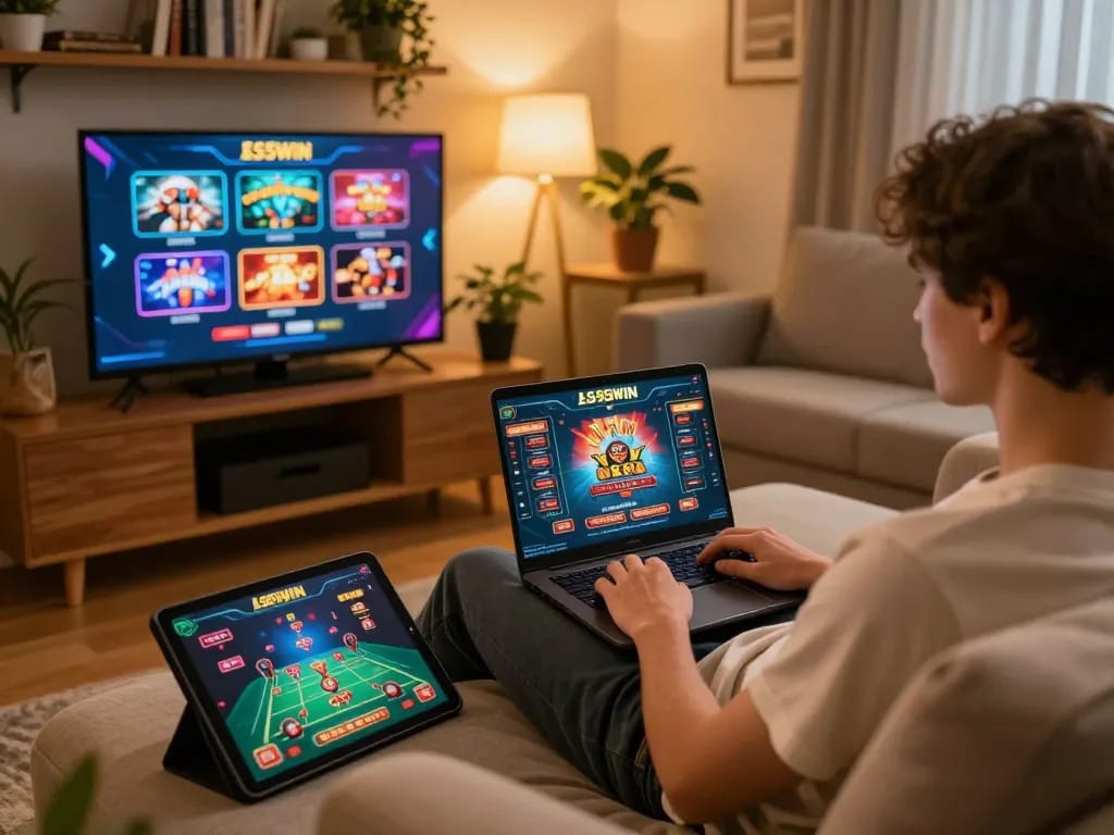 Engaging scene of a player accessing Link 555WIN for online gaming from home, enjoying a comfortable gaming atmosphere.