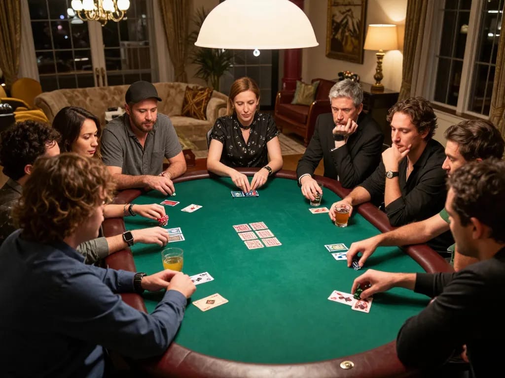 Kuwin co2 poker night with players in action at a luxurious home, showcasing excitement and strategy.