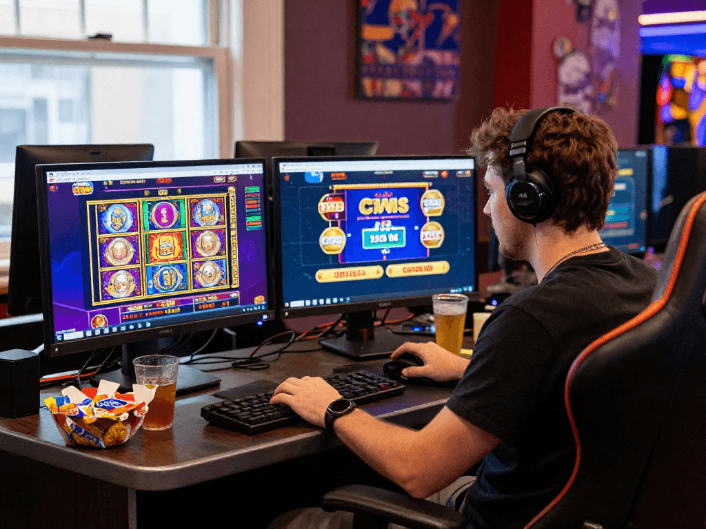 Engaging scene of a British player exploring USA casinos for UK players on dual monitors, showcasing vibrant online gaming.