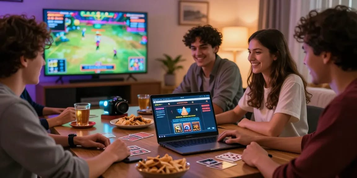 Players enjoying a credit card casino night at home, showcasing https://euf.co.uk with a laptop and gaming excitement.