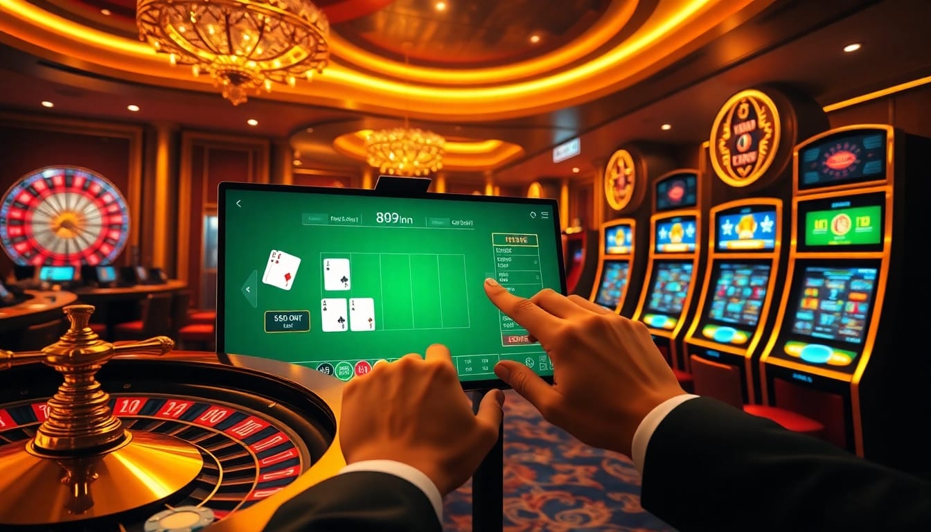 I9BET online gambling interface with poker chips, cards, and a roulette wheel.