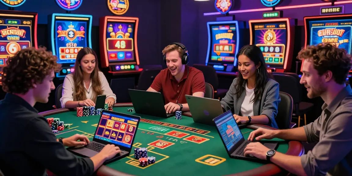 Players enjoying non UK casinos with diverse games and live dealers in a vibrant digital casino environment