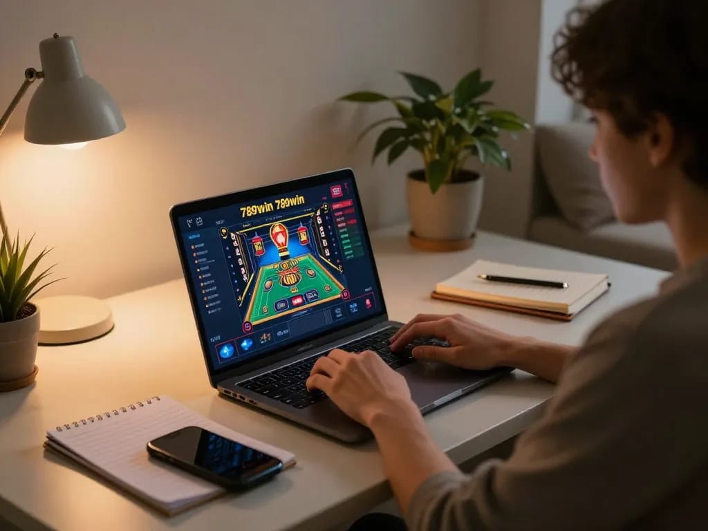 Engaging gameplay on 789win with a user strategizing on their laptop during online casino session.