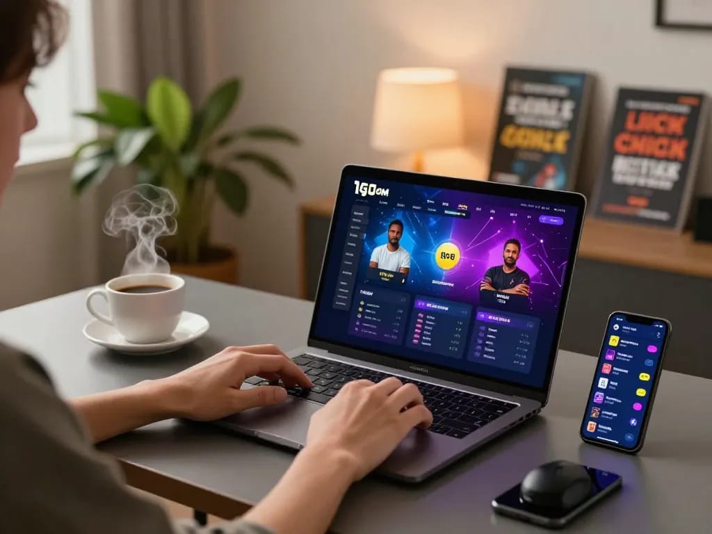 Engaging in online sports betting with 1gom interface on laptop in cozy gaming setup