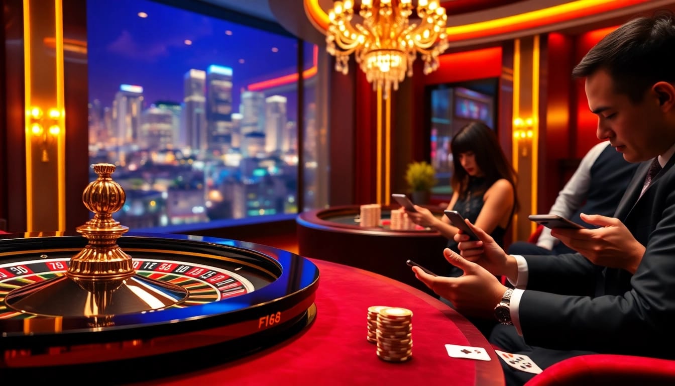 Experience the excitement of online gambling at nhà cái f168 with an engaging casino interface featuring roulette and poker chips.