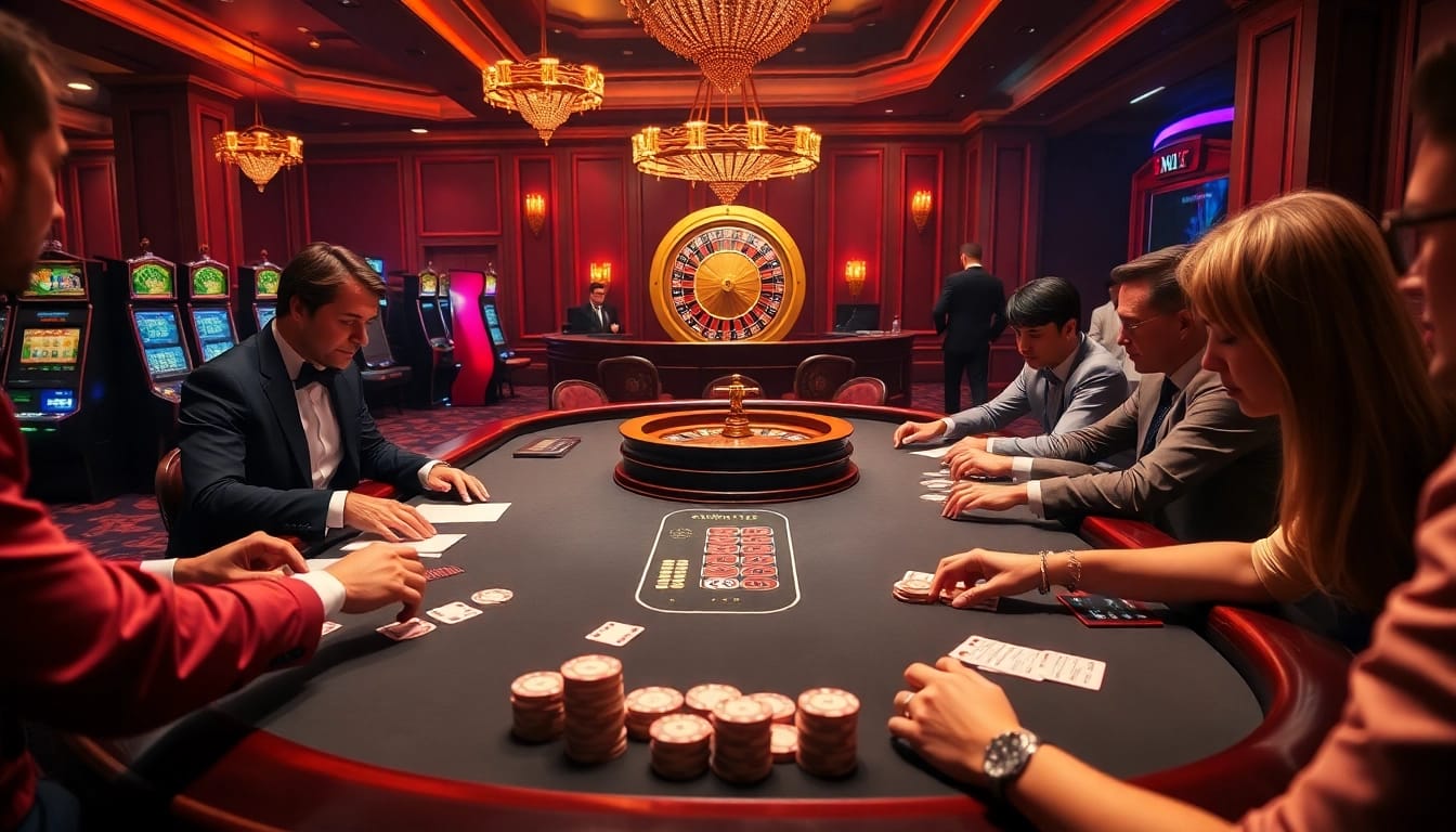 Exciting poker action featuring players and professionals at https://99okwin.live, showcasing high stakes and vibrant casino elements.