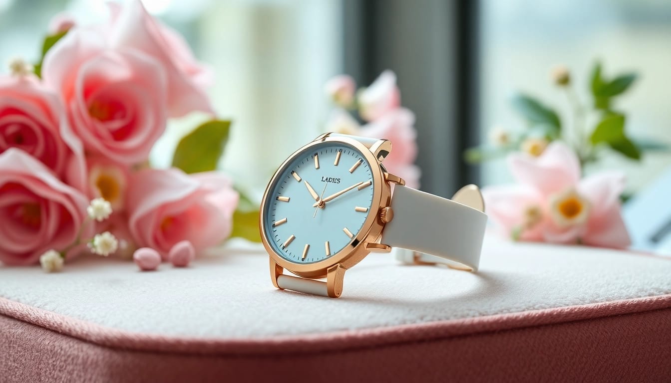 Showcasing the Ladies Classic Smart Watch with a rose gold finish and ceramic band against a soft backdrop.