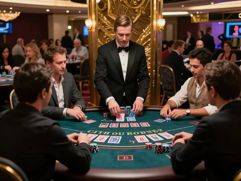 cm88-t1 players engaging in intense blackjack gameplay at a luxury casino table, vibrant atmosphere evident.