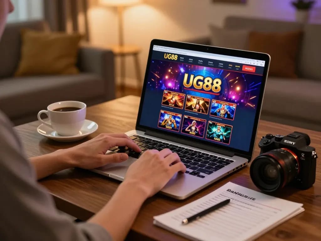 Player engaging with UG88 online casino on laptop while practicing bankroll management.