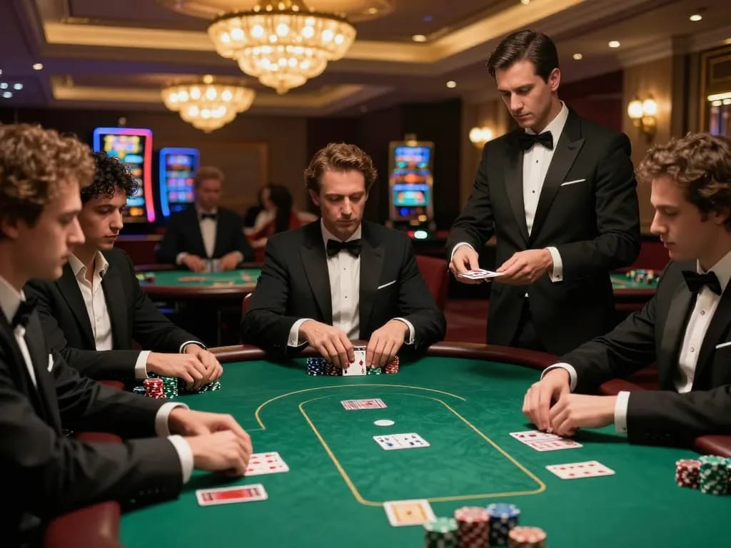 Players strategizing their bets at GG 88 during a high-stakes poker game in an upscale casino.