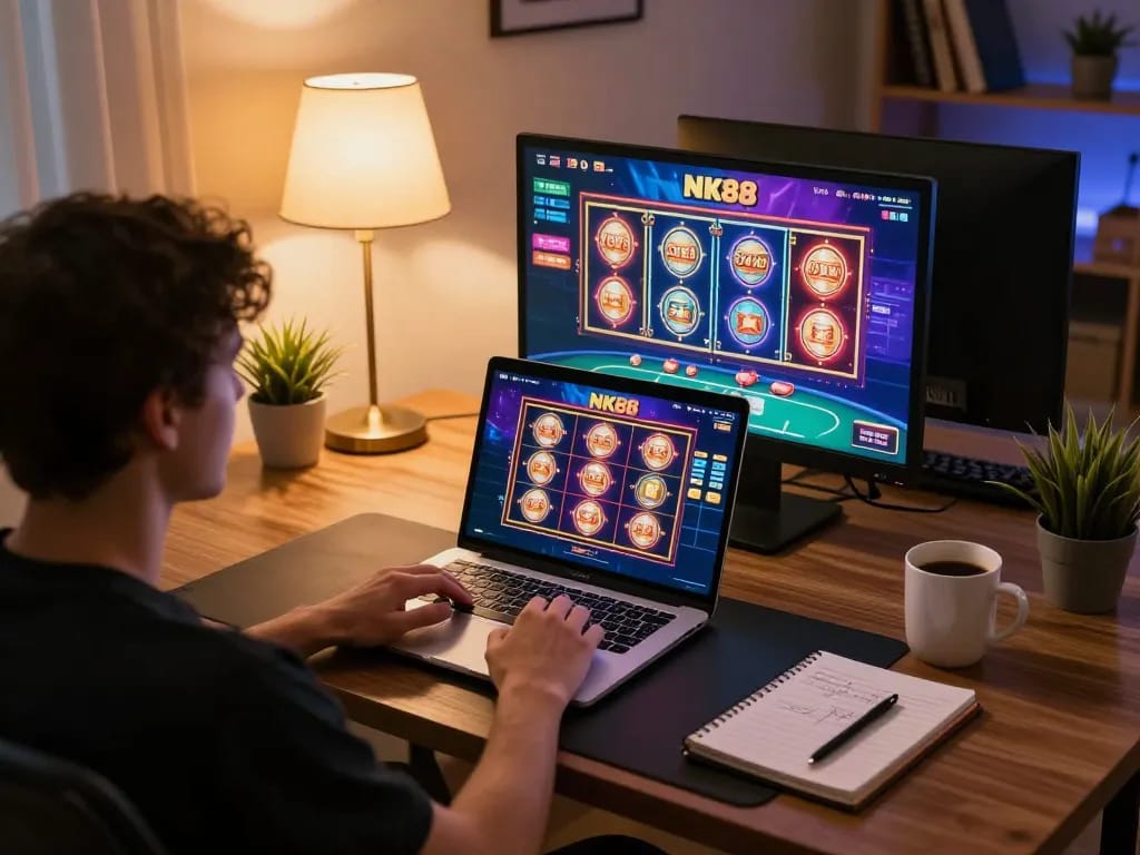 Engaging gameplay on NK88 casino platform with user on laptop, showcasing online gaming experience