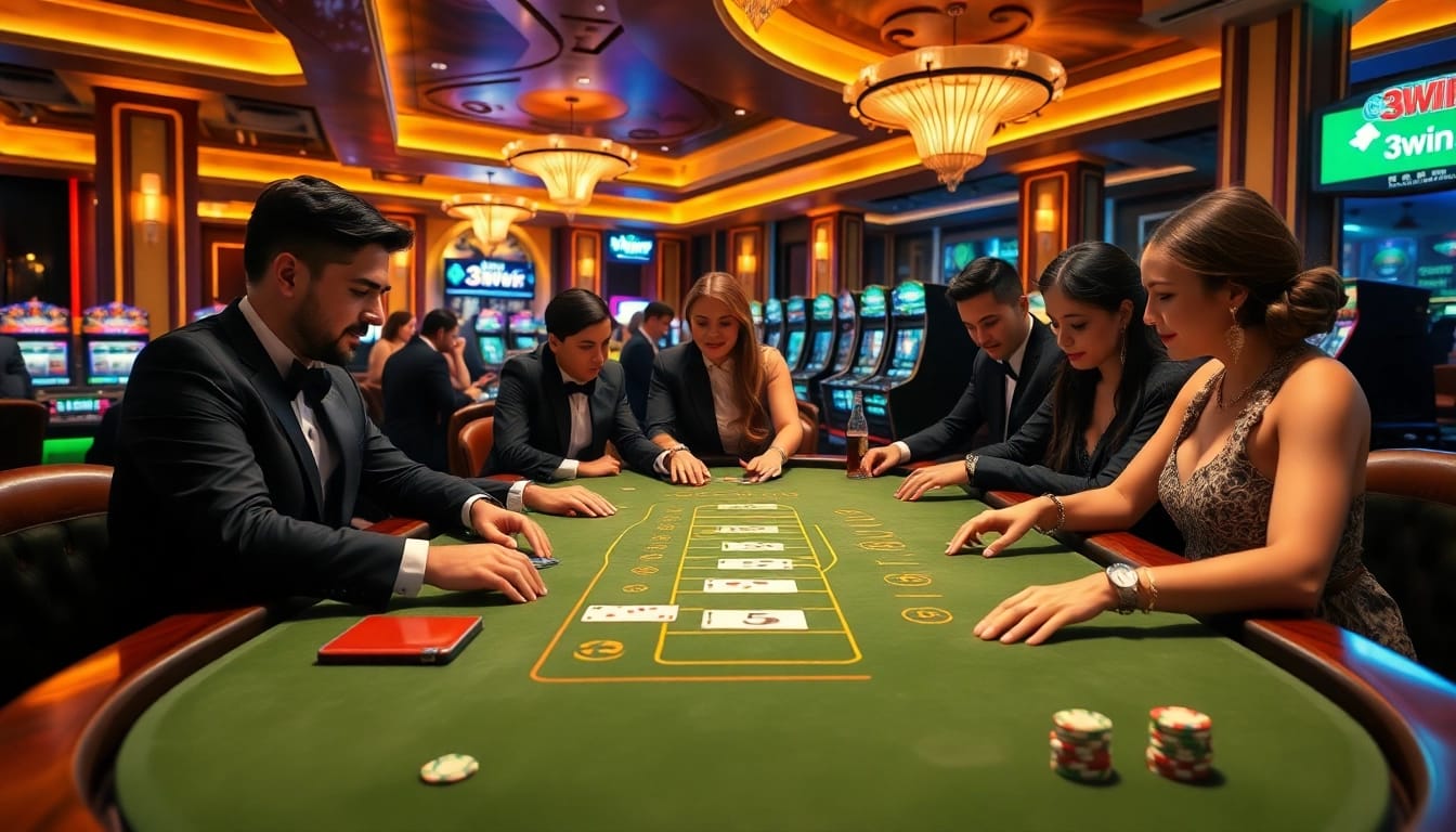 Experience a thrilling blackjack game at the 3win casino, with players excitedly placing bets around a glamorous table.