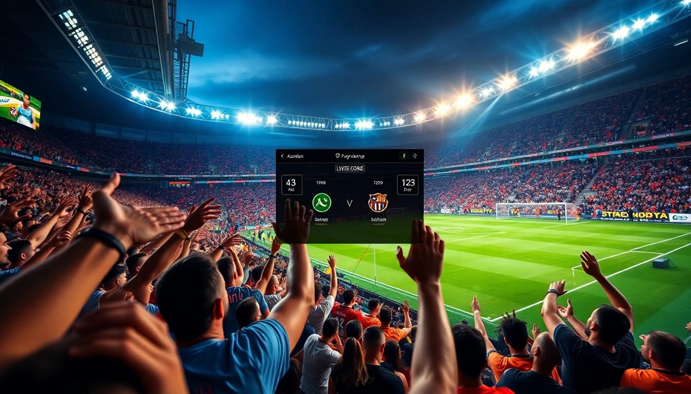 Exciting live soccer streaming scene with fans at joemadfan.com, showcasing scores and cheering crowds.
