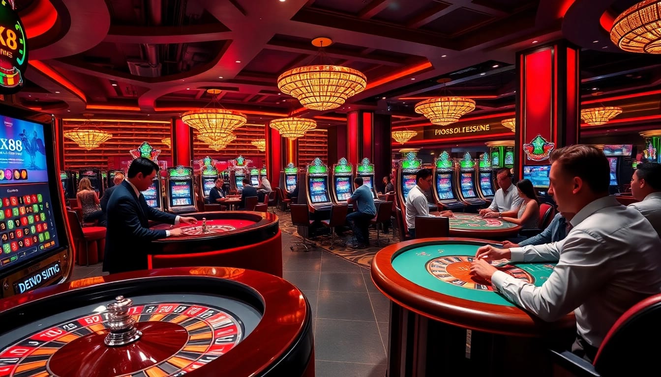 Engaging scene at an AX88 casino with vibrant slot machines and professional dealers.
