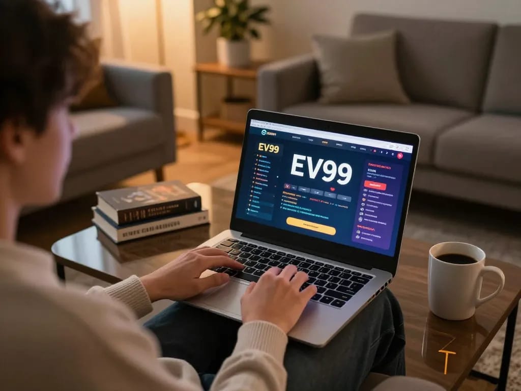 Engage in strategic EV99 bet online gaming from a modern living room, highlighting responsible gambling.