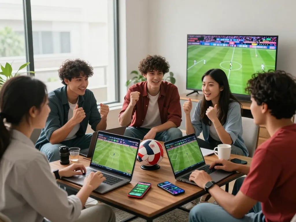 Group of friends discussing kèo nhà cái during a football match for an engaging sports betting atmosphere.