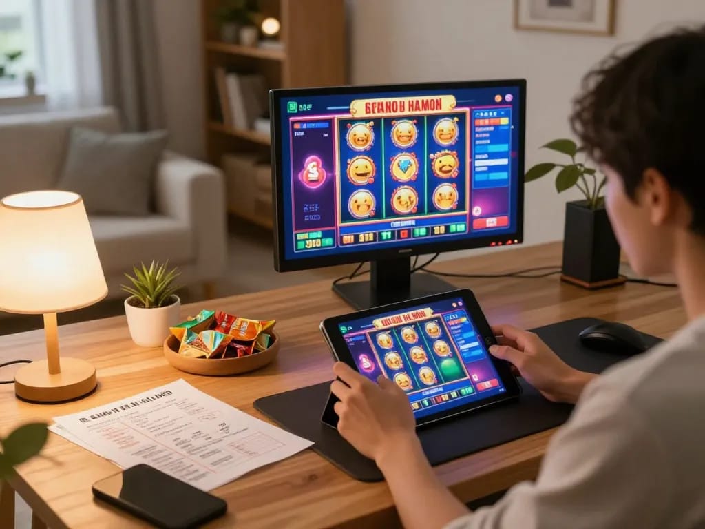 Engaging player enjoying Game nổ hũ đổi thưởng on tablet in cozy home gaming setup.