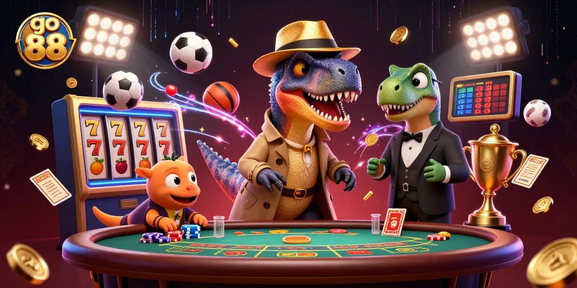 Engage in thrilling gameplay at go 88 with a cartoon velociraptor at the blackjack table surrounded by sports excitement.