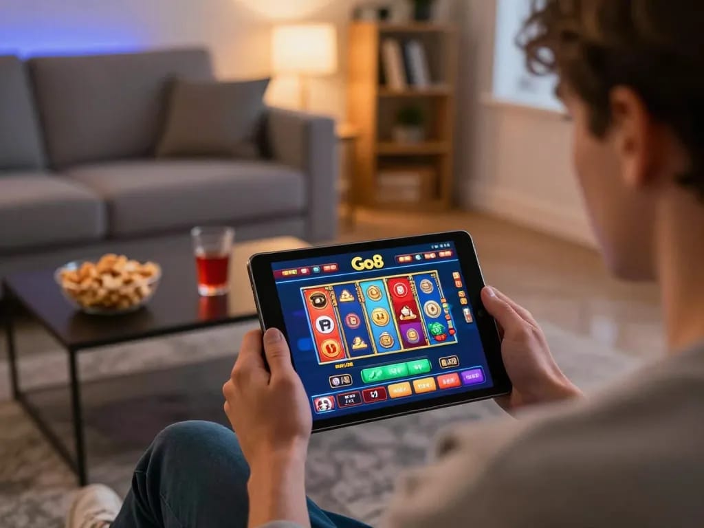 Engaging in exciting online gambling at Go8 while using a tablet for immersive gaming.