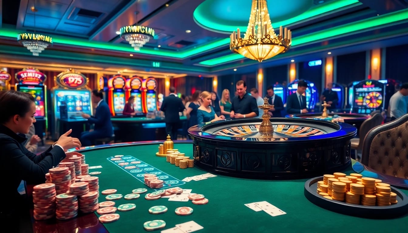 Players enjoying thrilling games at Fun88.com, featuring poker tables and vibrant slot machines.