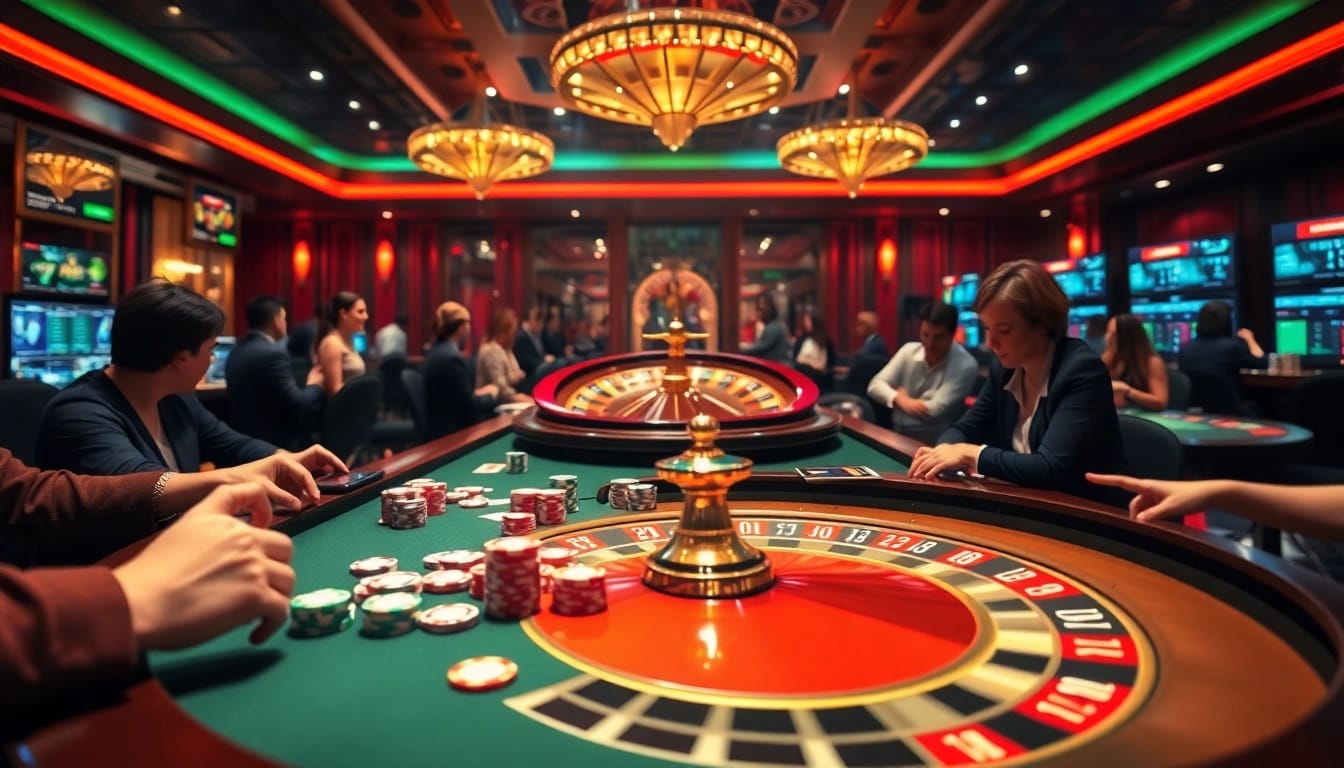 Players enjoying a thrilling casino experience at https://nhacaiuytin.news/ with vibrant poker chips and engaging games.