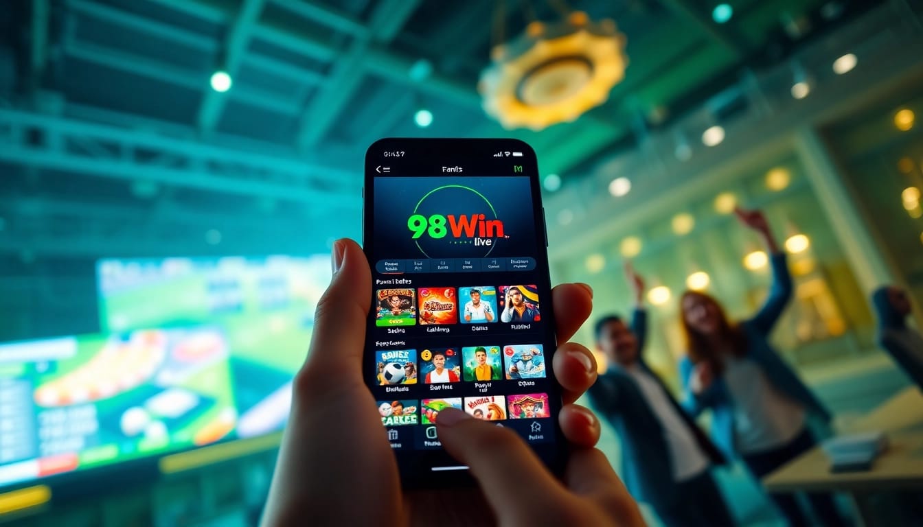 Experience the thrill of online gaming at 98winwin.live with vibrant visuals of sports betting and casino games.