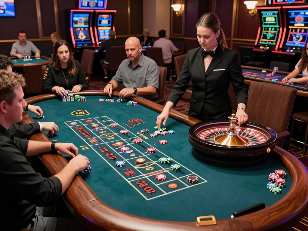 Players enjoying a live dealer game of roulette at 32win, surrounded by vibrant casino energy.