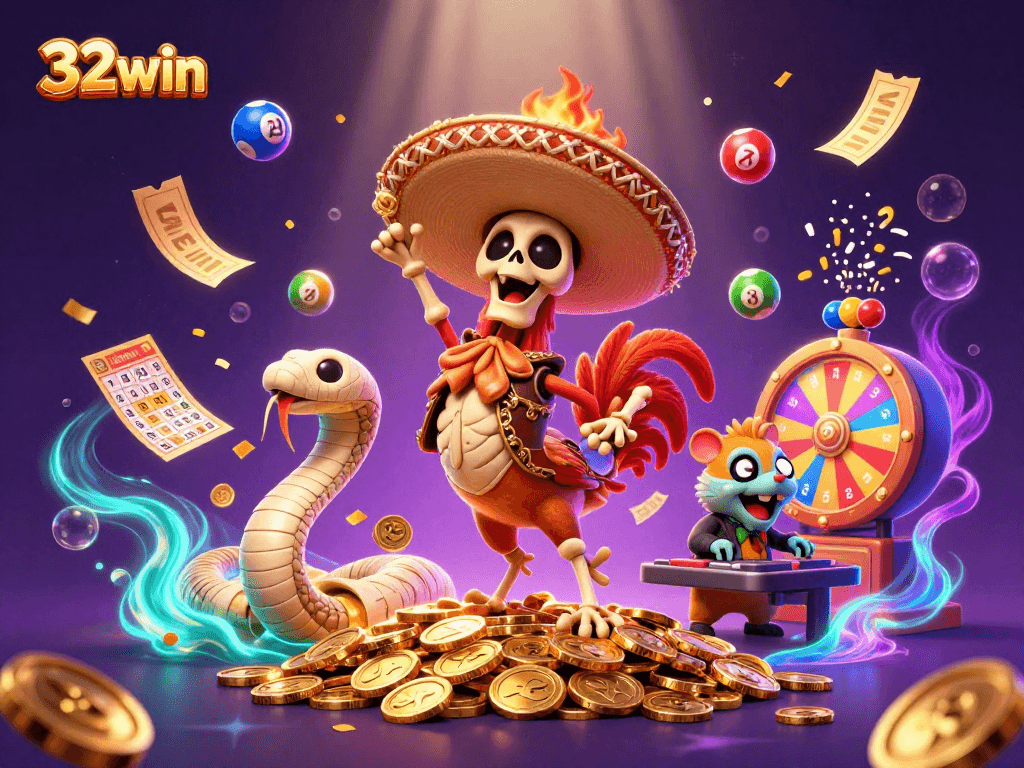 32win players enjoy thrilling wins with a dynamic casino illustration of lively characters and vibrant game elements.