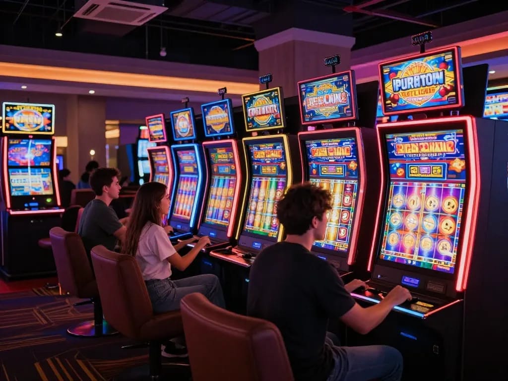 Hit club players enjoying vibrant slot machines in an engaging casino atmosphere