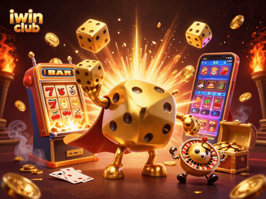 Experience thrilling gameplay with iwin club's lively characters and casino elements in this vibrant 3D illustration.