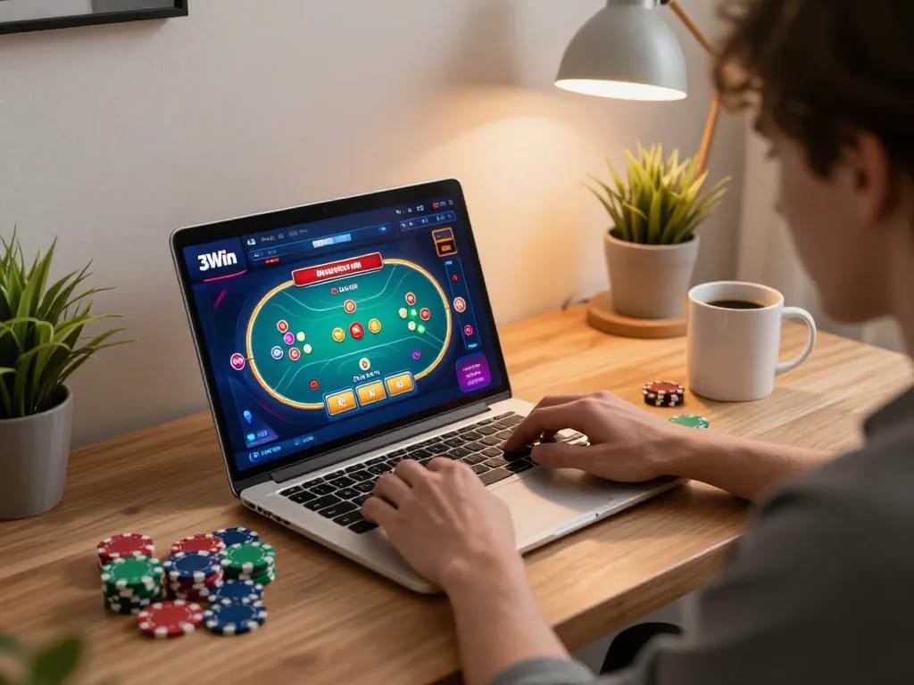 Player enjoying a poker game on 3Win platform from cozy home setup with vibrant atmosphere.